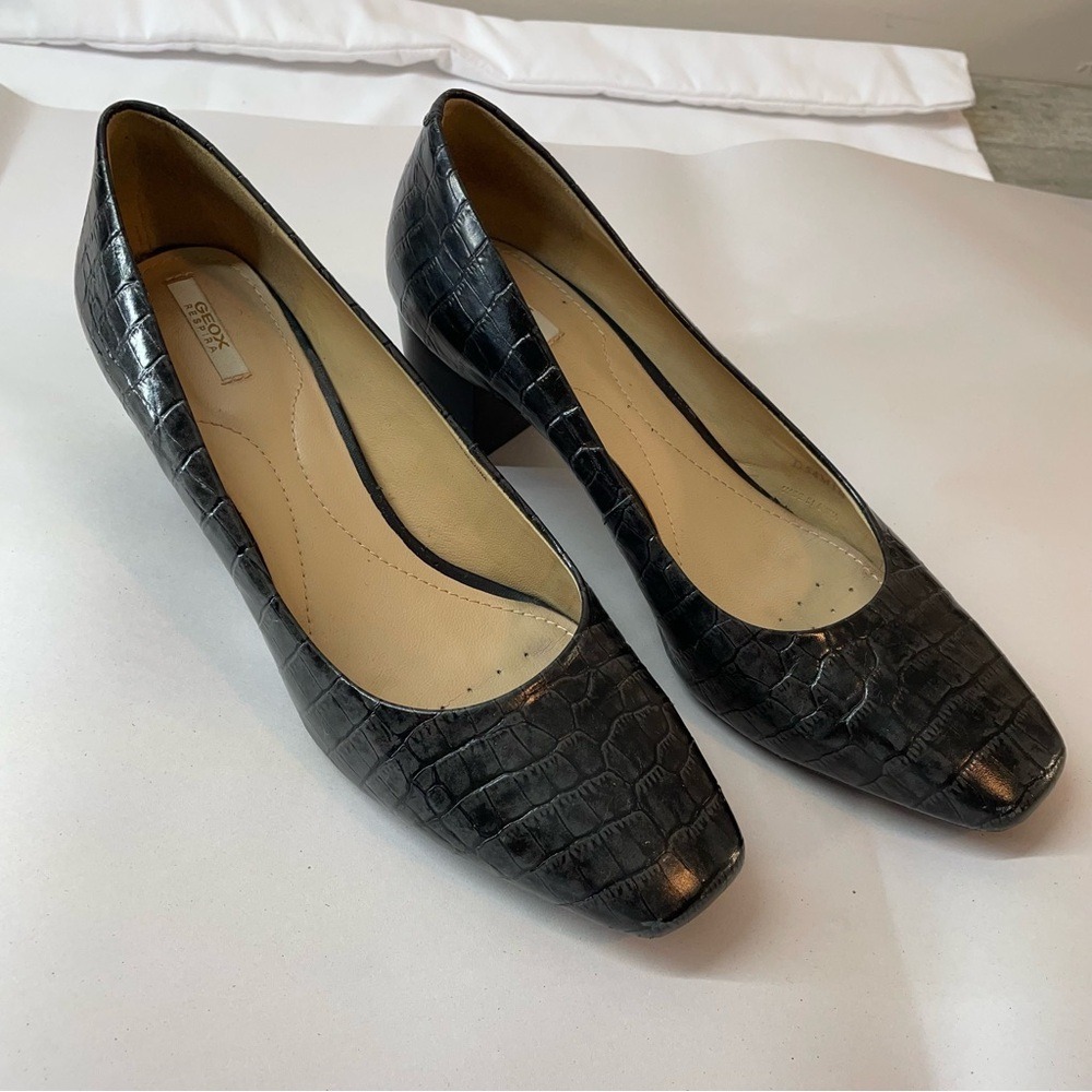 Geox Respira Pumps Womens Black Croc Embossed Leather Square Toe Heels Good‎ - Picture 3 of 10